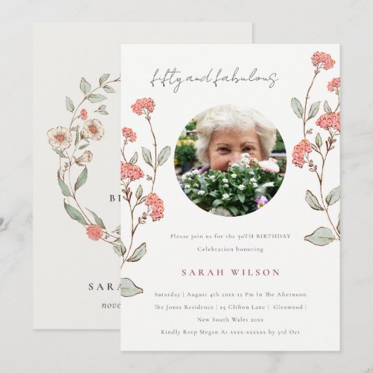 Cute Pink Flower Wreath Foto 50th Birthday Invite Bedankkaart (Voorkant / Achterkant)