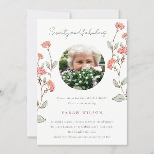 Cute Pink Flower Wreath Foto 70th Birthday Invite Bedankkaart