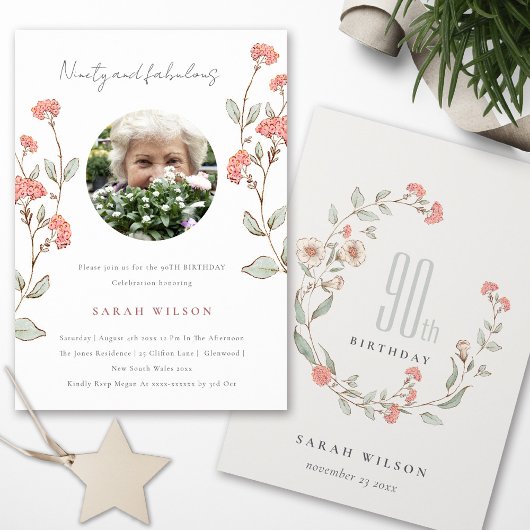 Cute Pink Flower Wreath Foto 90th Birthday Invite Bedankkaart