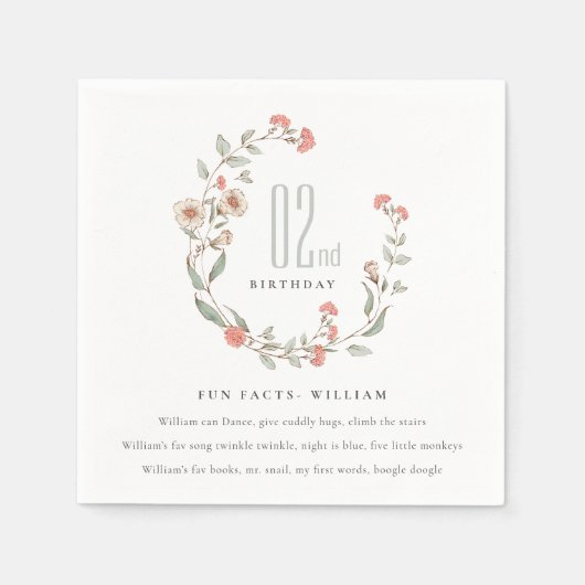 Cute Pink Flower Wreatl Girl Birthday Fun Facts Servet (Voorkant)