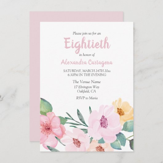 Cute Pink Flowers 80th Birthday Invite Kaart (Voorkant / Achterkant)