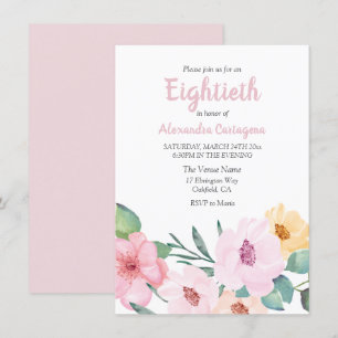 Cute Pink Flowers 80th Birthday Invite Kaart