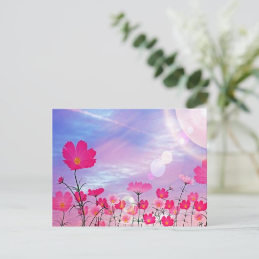 Cute Pink Flowers Blue Sunny Sky Bright Floral Briefkaart (Staand voorkant)