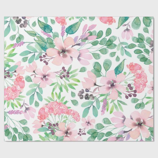 Cute Pink Flowers Green Leafs Pattern Cadeaupapier (Vlak)