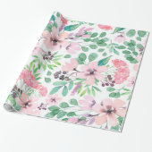 Cute Pink Flowers Green Leafs Pattern Cadeaupapier (Uitgerold)