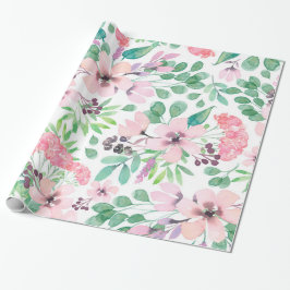 Cute Pink Flowers Green Leafs Pattern Cadeaupapier