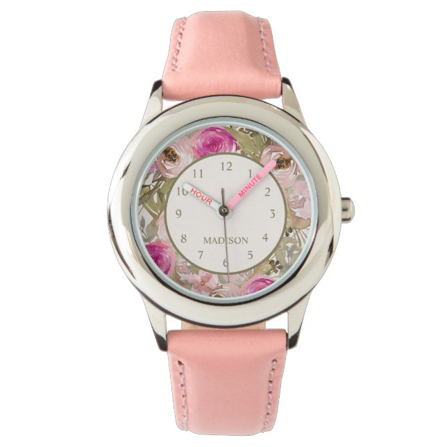 Cute Pink Flowers Jouw naam Child Horloge (Voorkant)