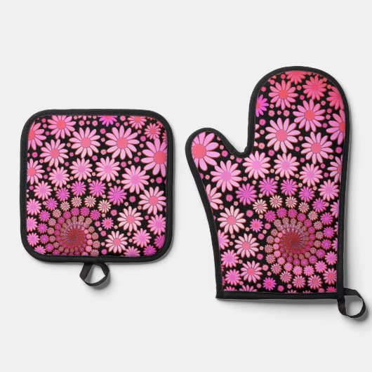 Cute Pink Flowers Pattern Ovenwant & Pannenlap Set (Voorkant)