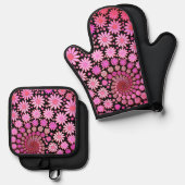 Cute Pink Flowers Pattern Ovenwant & Pannenlap Set (Voorkant / Achterkant)