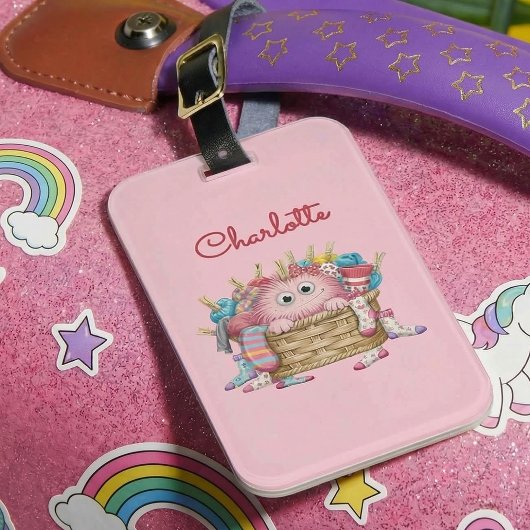 Cute Pink Fluffy Sock Monster Kids Design Bagagelabel