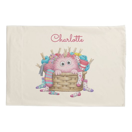 Cute Pink Fluffy Sock Monster Kids Design Kussensloop (Achterkant)