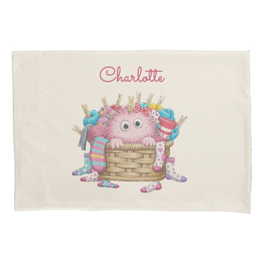 Cute Pink Fluffy Sock Monster Kids Design Kussensloop (Voorkant)