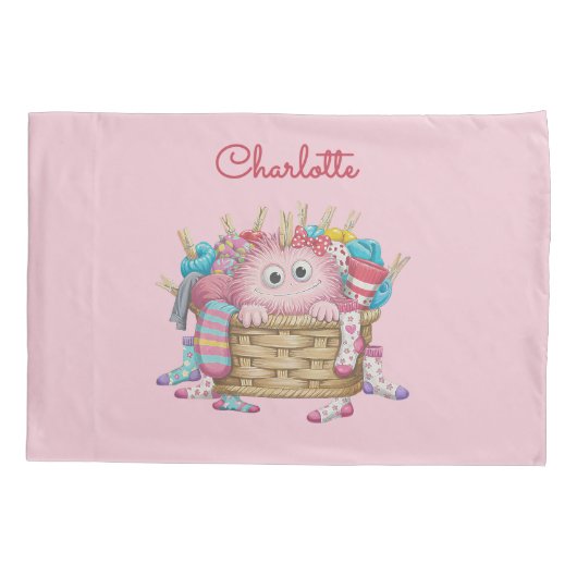Cute Pink Fluffy Sock Monster Kids Design Kussensloop (Achterkant)
