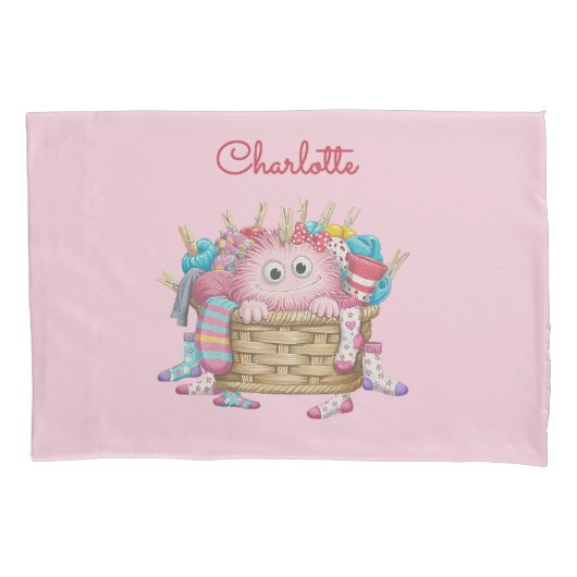 Cute Pink Fluffy Sock Monster Kids Design Kussensloop (Voorkant)