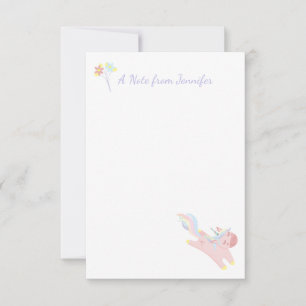 Cute Pink Flying Unicorn Personalized Floral Notitiekaartje