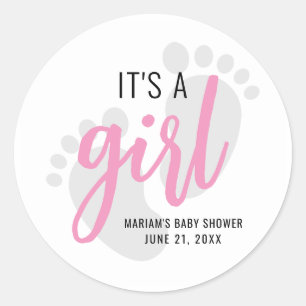 Cute Pink Footprint Het is een Girl Baby shower Ronde Sticker