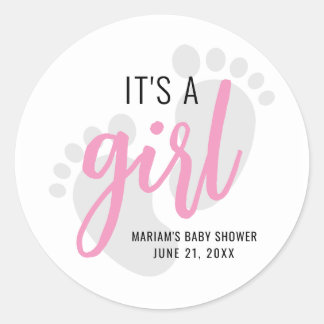 Cute Pink Footprint Het is een Girl Baby shower Ronde Sticker