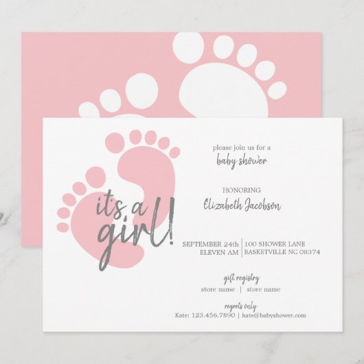 Cute Pink Footprint Het is een meisje Baby shower Kaart (Voorkant / Achterkant)