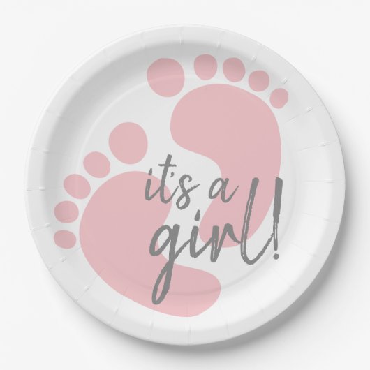 Cute Pink Footprint Het is een meisje Baby shower Papieren Bordje (Voorkant)