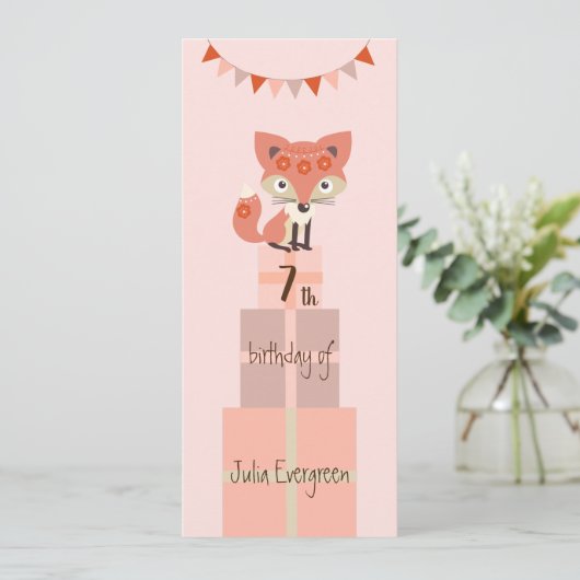Cute Pink Fox 7th Birthday Invitation Save The Date (Staand voorkant)