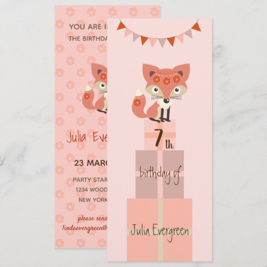 Cute Pink Fox 7th Birthday Invitation Save The Date (Voorkant / Achterkant)