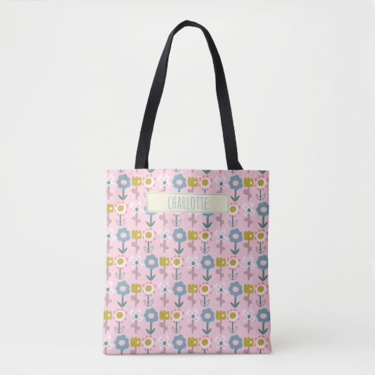 Cute Pink Garden Flowers Persoonlijke naam Tote Bag (Voorkant)