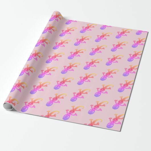 Cute Pink Gecko Drawing Girly Pattern Cadeaupapier (Uitgerold)