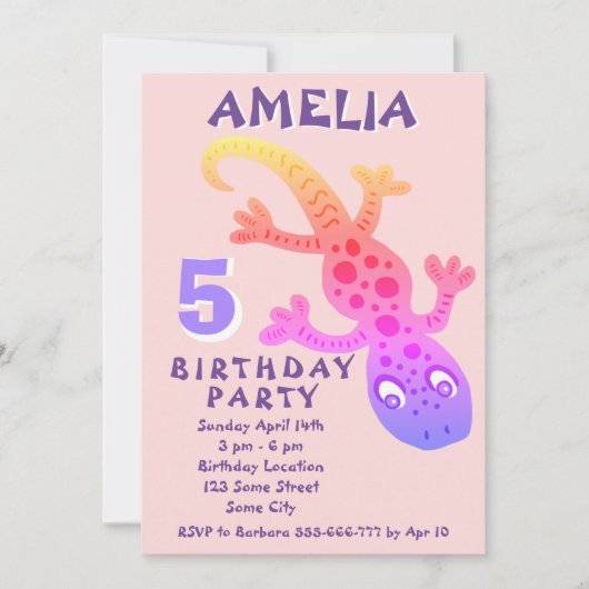 Cute Pink Gecko Lizard Girls Birthday Party Invita Kaart (Voorkant)