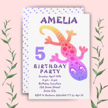 Cute Pink Gecko Lizard Girls Birthday Party Invita