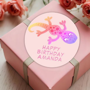 Cute Pink Gecko Lizard Rainbow Girls Birthday Ronde Sticker