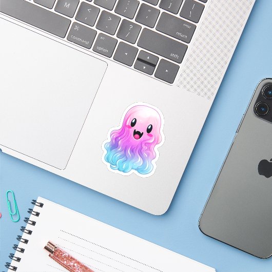 Cute Pink Ghost: Sweet Ghost #1 Sticker (Laptop met iPhone)