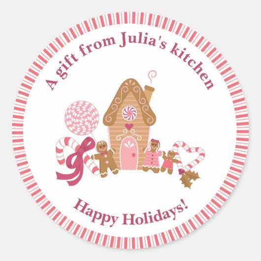 Cute Pink Gingerbrood House Candy Cane Kitchen Cla Ronde Sticker (Voorkant)
