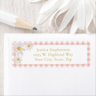 Cute Pink Gingham Daisy Cottagecore Return Address Etiket