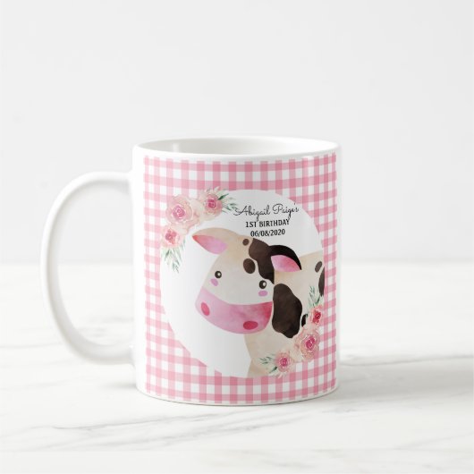 Cute Pink Gingham Floral Koe Boerderij Dier Koffiemok (Links)