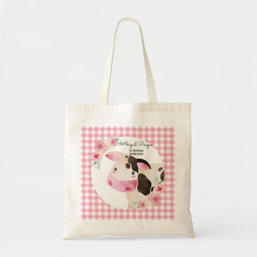 Cute Pink Gingham Koe Birthday Farm Animals Tote Bag (Voorkant)