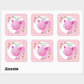 Cute Pink Gingham Pig Floral Birthday Vierkante Sticker (Vel)