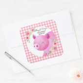 Cute Pink Gingham Pig Floral Birthday Vierkante Sticker (Envelop)