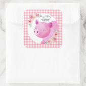 Cute Pink Gingham Pig Floral Birthday Vierkante Sticker (Tas)
