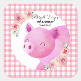 Cute Pink Gingham Pig Floral Birthday Vierkante Sticker