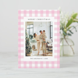 Cute Pink Gingham Plaid 5 Photo Christmas Feestdagenkaart