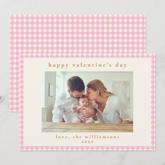 Cute Pink Gingham Pset Foto Valentijnsdag Feestdagenkaart (Voorkant / Achterkant)