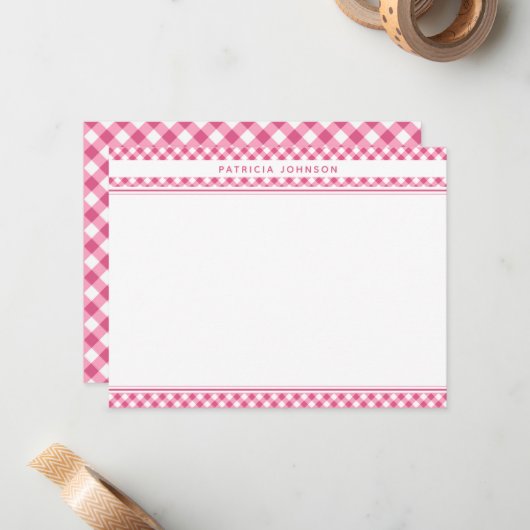 Cute Pink Gingham Pset Personalized Notitiekaartje (Voorkant / Achterkant in situ)