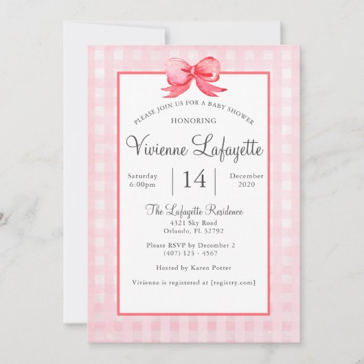 Cute Pink Gingham Red Bow Baby shower Kaart (Voorkant)