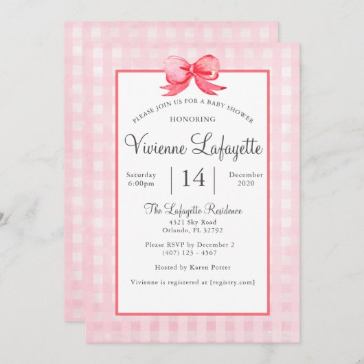 Cute Pink Gingham Red Bow Baby shower Kaart (Voorkant / Achterkant)