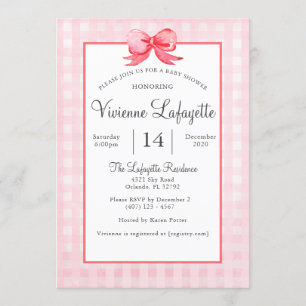 Cute Pink Gingham Red Bow Baby shower Kaart