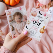 Cute Pink Gingham Spooky One Photo First Birthday Kaart