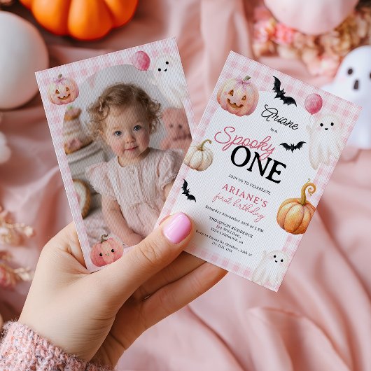 Cute Pink Gingham Spooky One Photo First Birthday Kaart