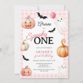 Cute Pink Gingham Spooky One Photo First Birthday Kaart (Voorkant)