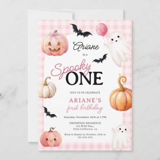 Cute Pink Gingham Spooky One Photo First Birthday Kaart (Voorkant)