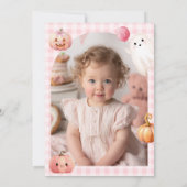 Cute Pink Gingham Spooky One Photo First Birthday Kaart (Achterkant)